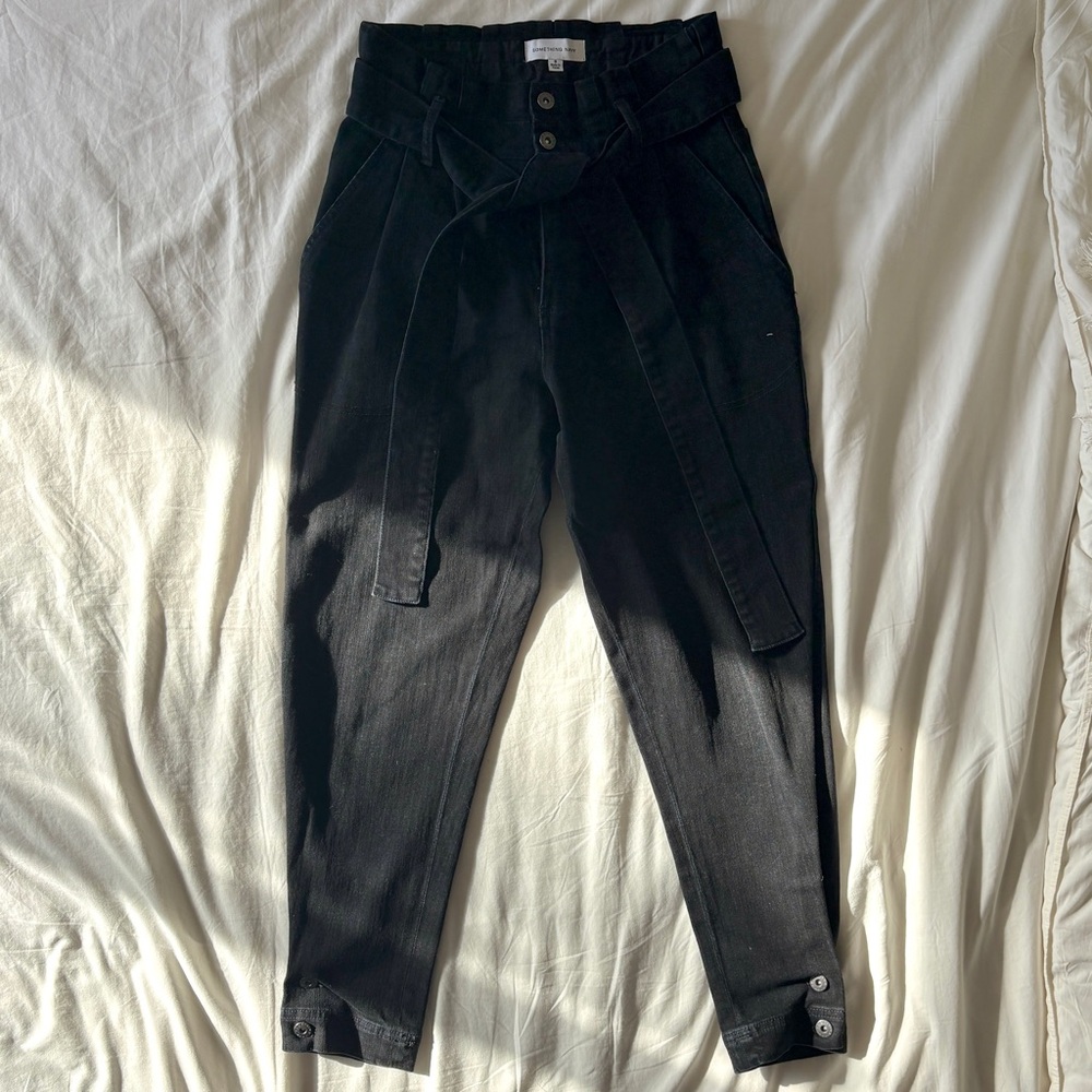 Something Navy | Black High-Waisted Paperbag Jeans with Cinched Ankle